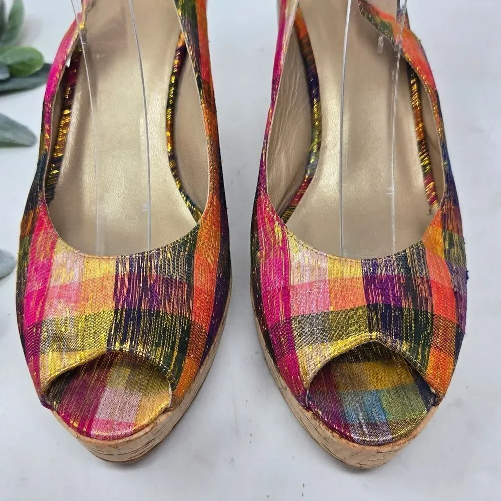 STUART WEITZMAN Jean Winsel‎ Tinsel Metallic Plaid Cork Wedge 9N